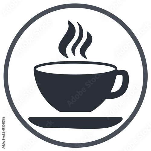Steaming cup of coffee or tea illustration inside of a circle with a saucer icon