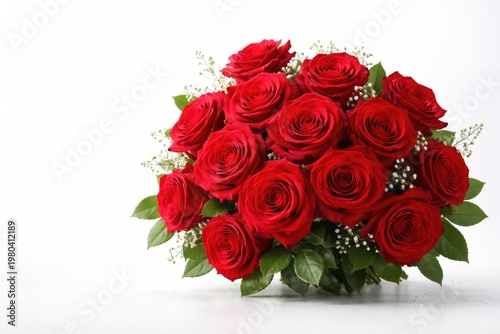Vibrant red rose bouquet on white backdrop with ample copy space