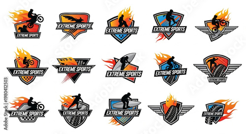 Collection of Extreme Sports Emblems and Logos with Fire Elements.