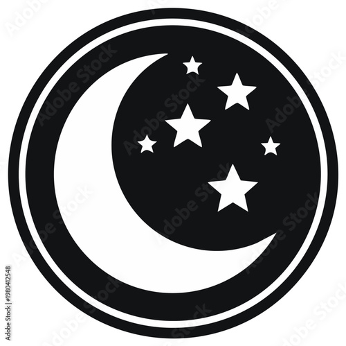 Minimalist black and white crescent moon and stars night sky celestial icon