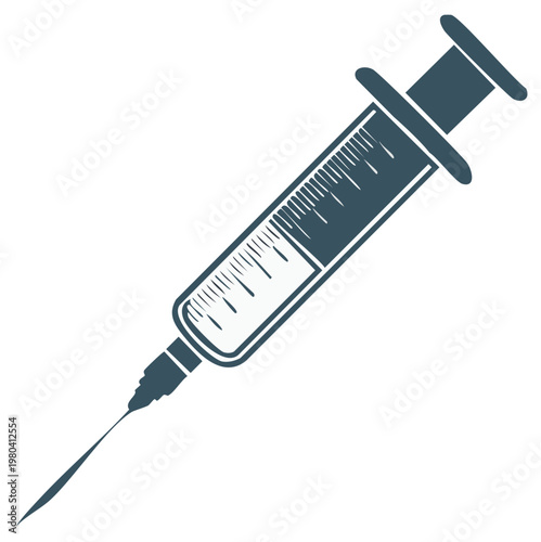 Medical syringe with needle filled with clear liquid for injection