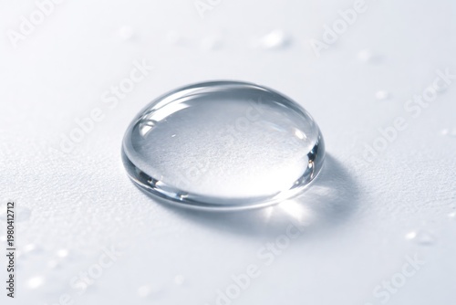 Close up photo of a clear liquid droplet sitting on a smooth white surface