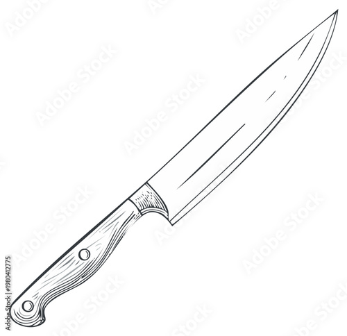Hand drawn illustration of a chef's knife with a wooden handle and sharp blade
