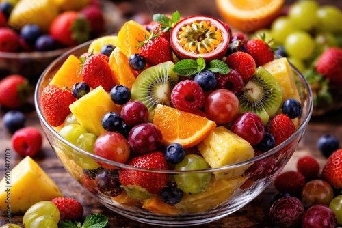 Delicious fruit dessert with tropical slices, berries, and grapes