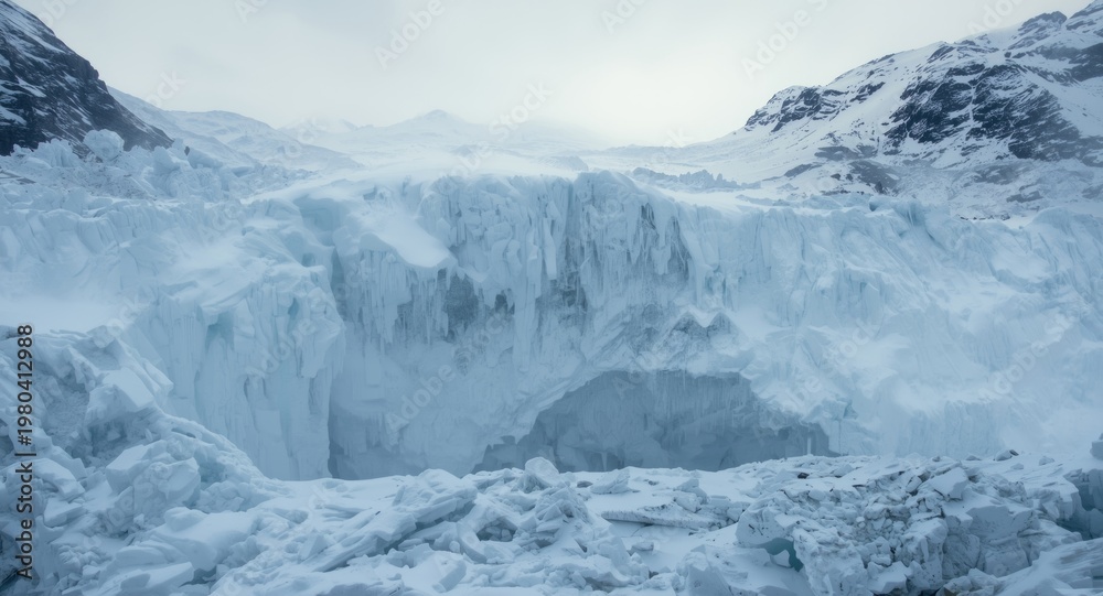 Obraz premium large snow avalanche engulfing frozen mountainous landscape