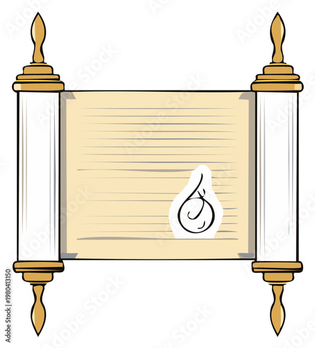 Blank ancient manuscript scroll with decorative wooden handles and mystical symbol illustration