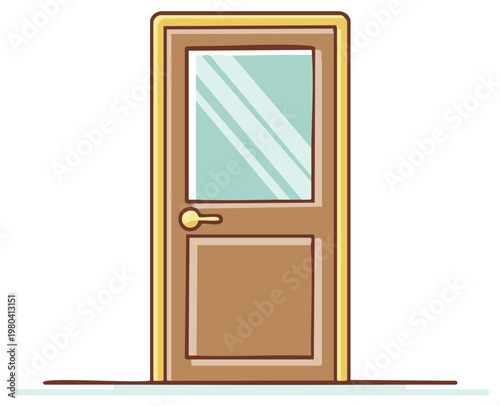Cartoon brown door with glass panel and golden doorknob illustration. Simple entrance or exit graphic design.