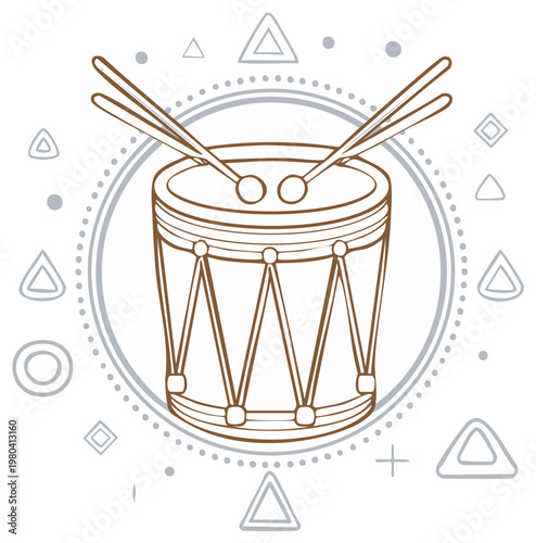 Stylized Drum Instrument Illustration with Drumsticks and Geometric Shapes