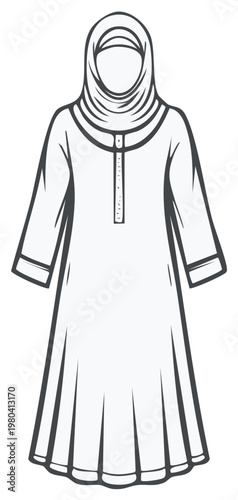 Monochrome line drawing of a woman in a hijab and traditional modest dress
