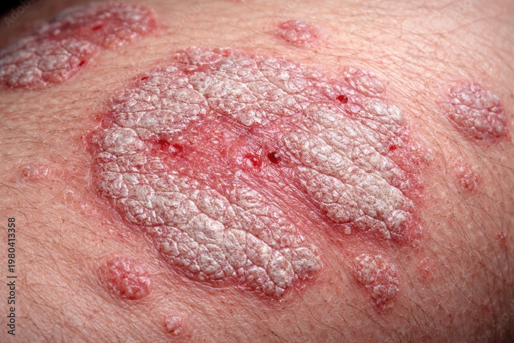Fototapeta premium Close up clinical photography of psoriasis vulgaris skin condition for medical journals