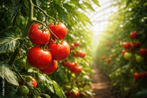 Fresh ripe tomatoes hanging on vine in greenhouse with natural lighting and copy space