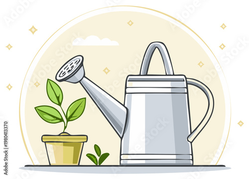 Watering can nurturing a potted seedling plant growing illustration