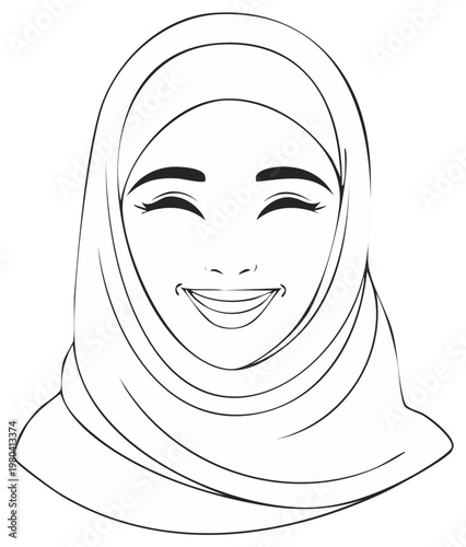 Smiling Woman with Hijab, Outline Drawing of Face, Islamic Headscarf, Traditional Modesty Concept