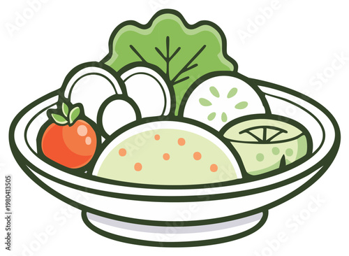 Nutritious green salad bowl featuring fresh lettuce tomato onion and cucumber slices with creamy dressing