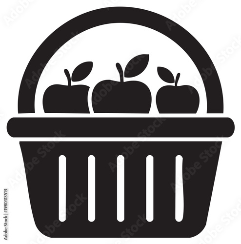 Black silhouette icon of a shopping basket containing three apples with leaves