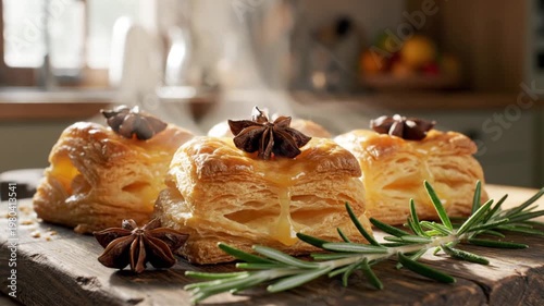 Freshly baked golden puff pastry squares with star anise and aromatic steam rising in this appetizing slow motion food animation