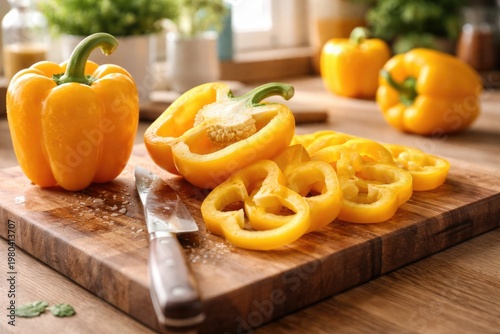 Fresh yellow bell peppers sliced on a wooden cutting board with kitchen background