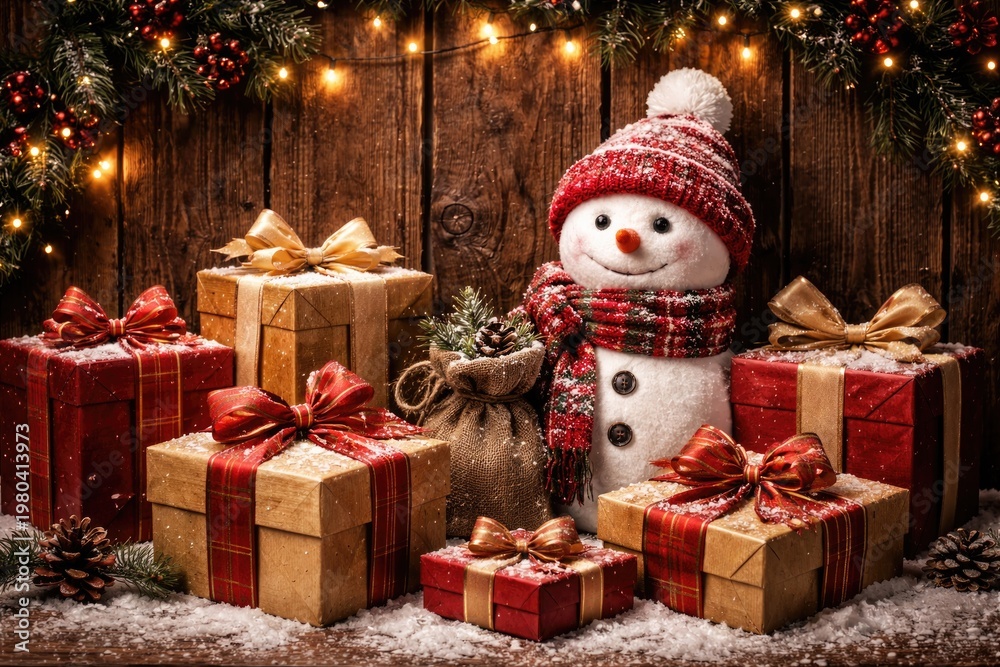 Fototapeta premium Christmas gift boxes and snowman toy displayed against a rustic wooden wall