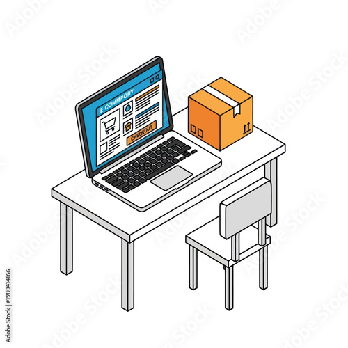 Isometric View of Online Shopping Setup with Laptop and Package.