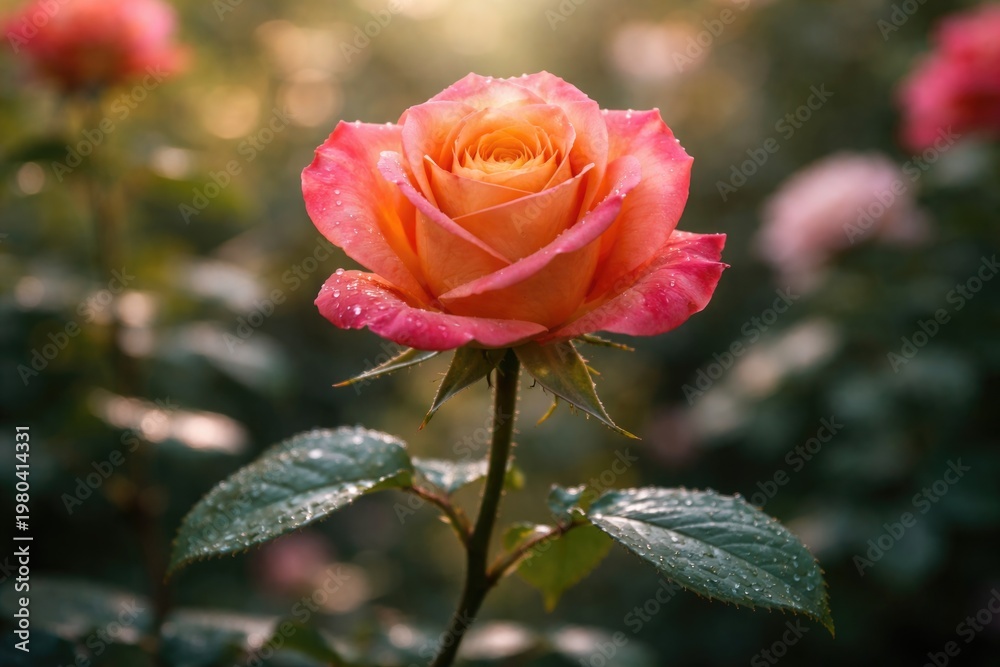 Fototapeta premium Close up of a vibrant rose flower blooming on its slender stem