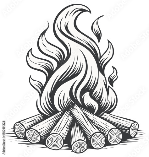 Campfire illustration in grayscale with flames and logs, wood burning in graphic design