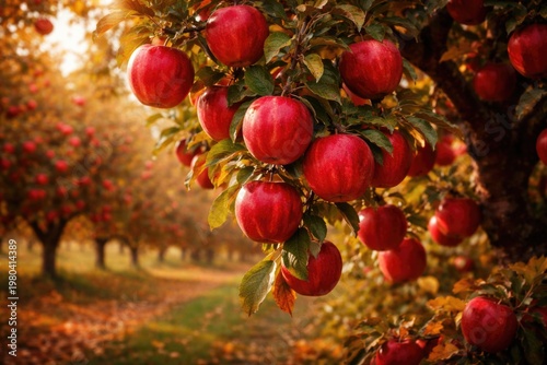Ripe red apples abundant on...