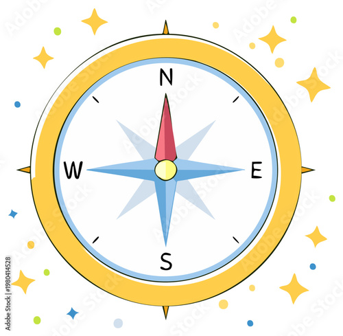Cartoon compass illustration with North South East West direction indication and sparkling stars