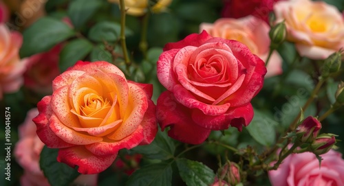 Spring roses displaying intense colors in full bloom