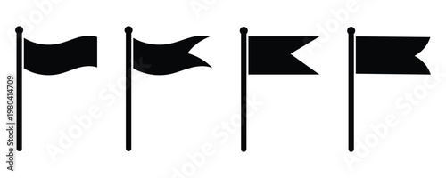 Diverse black flag and banner with various shapes, including wavy, triangular, swallowtail designs. Pennants waving flags and rectangles for marking locations map pointers and goal achievement. Eps 10
