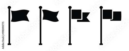 Diverse black flag and banner with various shapes, including wavy, triangular, swallowtail designs. Pennants waving flags and rectangles for marking locations map pointers and goal achievement. Eps 10