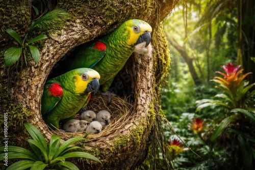 Colorful Amazon parrots nes...