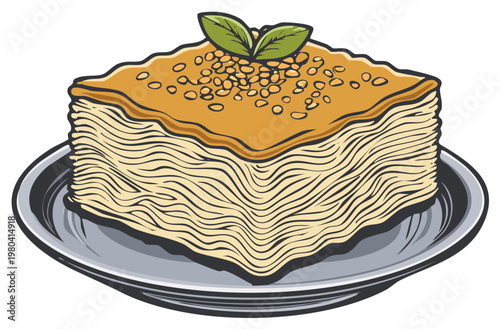 Delicious layered pastry with syrup and nuts on a plate