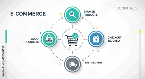 E-commerce, online shopping, business icons, vector graphics, digital commerce, shopping cart, checkout, delivery, product browse, e-business, fast delivery
