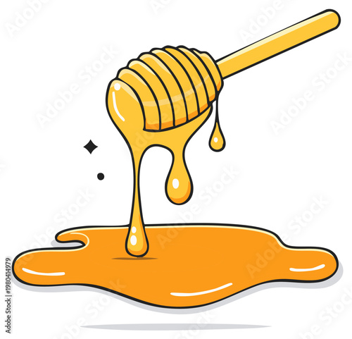 Sweet golden honey dripping from a classic dipper stick forming a delicious puddle illustration