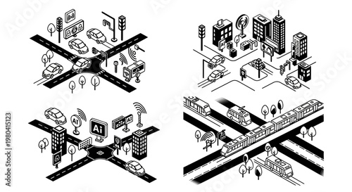 Isometric Smart City Transportation and Urban Infrastructure Set.