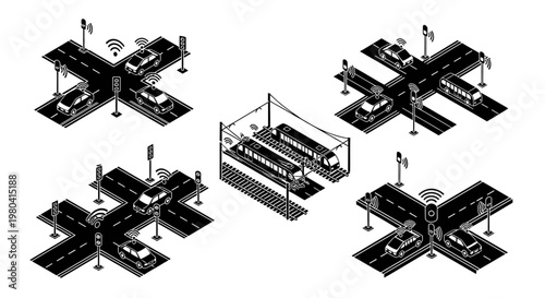 Isometric Smart City Transportation Network with Autonomous Vehicles and Public Transit.