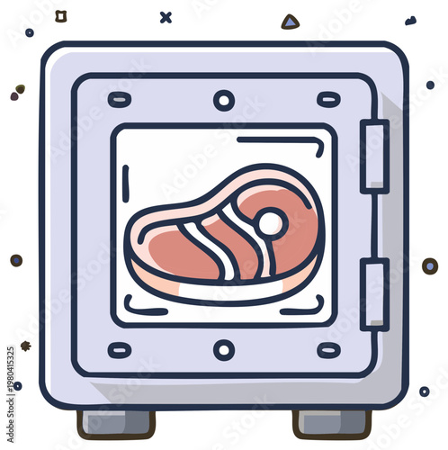 Cartoon illustration of a refrigerator with a steak inside, showcasing food storage and preservation concept