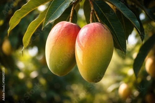 Two ripe mango fruits hanging on a leafy tree branch