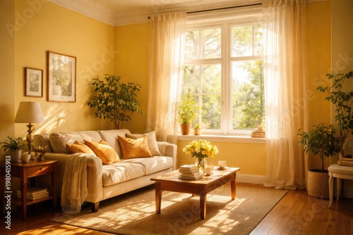 sunlit room with yellow wal...