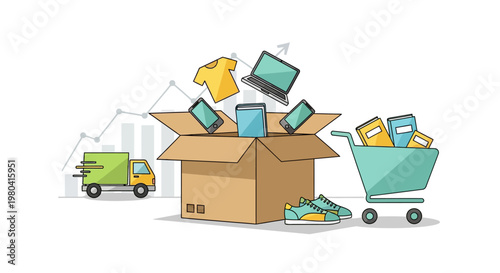 Cartoon delivery truck, cardboard box, and shopping cart, vector illustration, ecommerce, online shopping, logistics icons