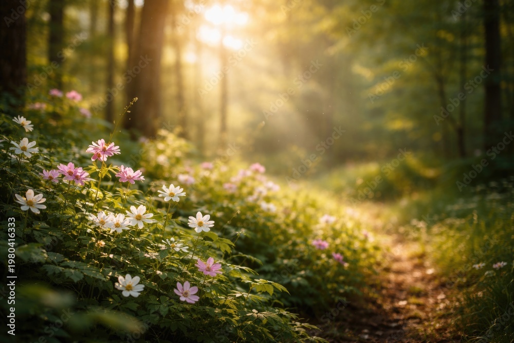 Fototapeta premium Sunlit Forest Pathway Lined with Colorful Flowers