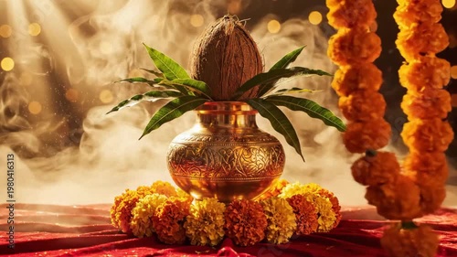 Golden kalash with coconut and marigold flowers, symbolizing akshaya tritiya and prosperity in sacred light.