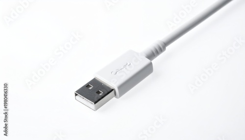 Close-up of White USB Connector on White Background.