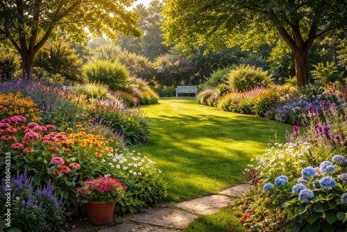 Sunny garden with lush gree...