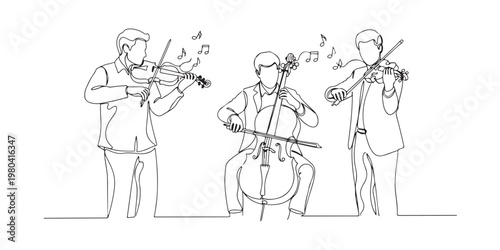 Minimalist orchestra musicians performing on stage line drawing.