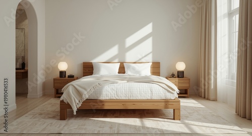 Cozy wooden bed with white ...