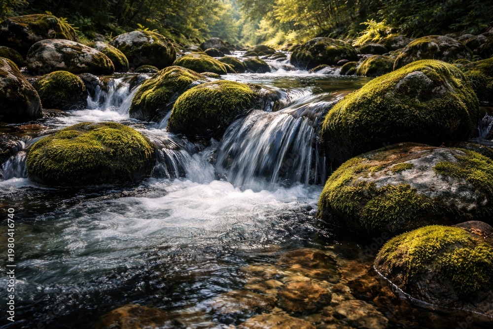 Fototapeta premium Freshwater flowing over mossy stones in a tranquil mountain stream