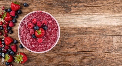 Tasty pudding made from red berries including raspberries strawberries and redcurrants on natural wood with copyspace