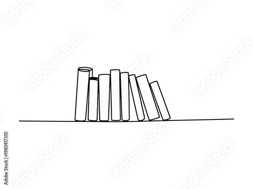 Simple line drawing of books stacked on flat surface in disarray