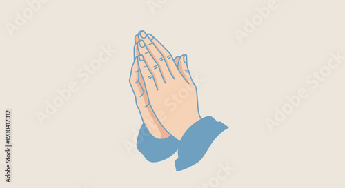 Hands clasped in prayer with soft light and blue sleeve illustration